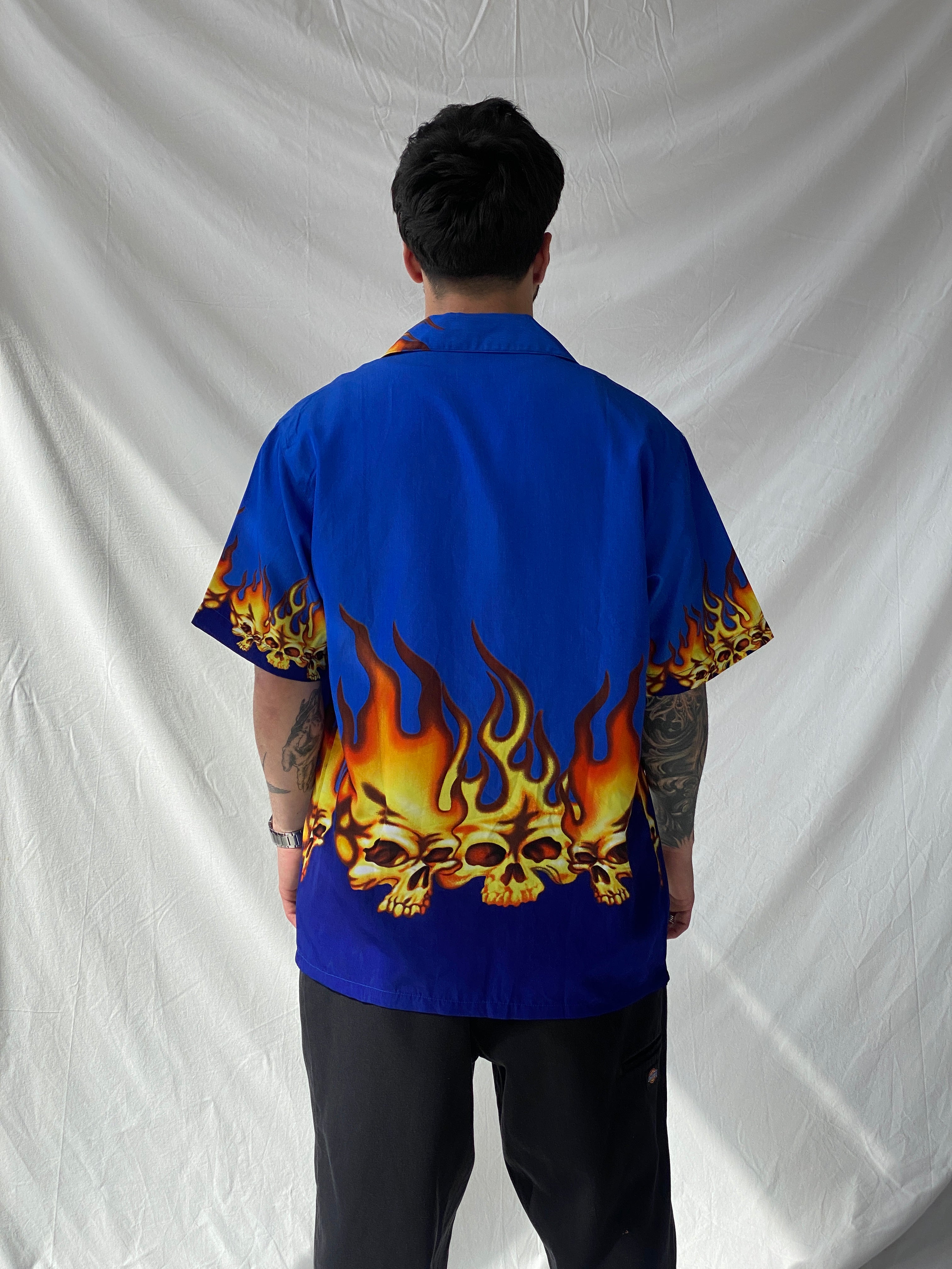 Men’s Flamed Skull Blue Short Sleeve Button Up Shirt - L