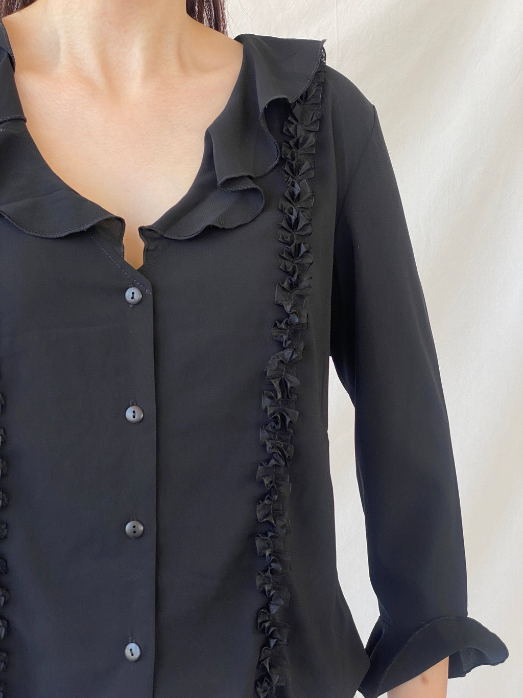 Y2K Under Cover Wear Black Ruffled Office Button Up Shirt - L