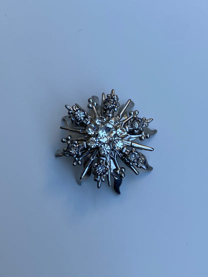 Vintage Mid-Century Silver Tone Rhinestone Starburst Floral Brooch