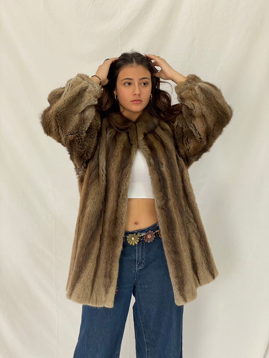 Vintage Natural Brown Mink Fur Coat Classic Mid-Length Luxury Winter Jacket - L