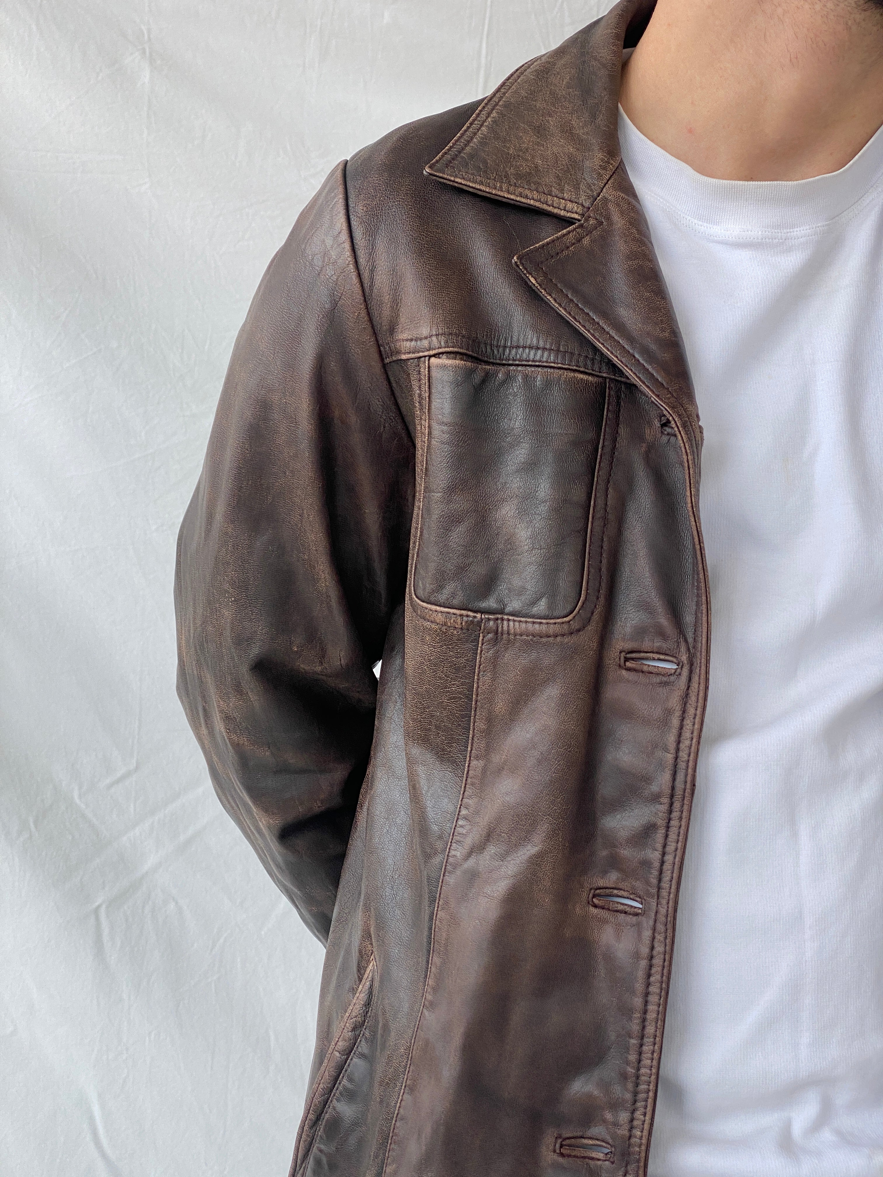 Vintage Saki Leather Brown Genuine Leather Buttoned Blazer Coat - M