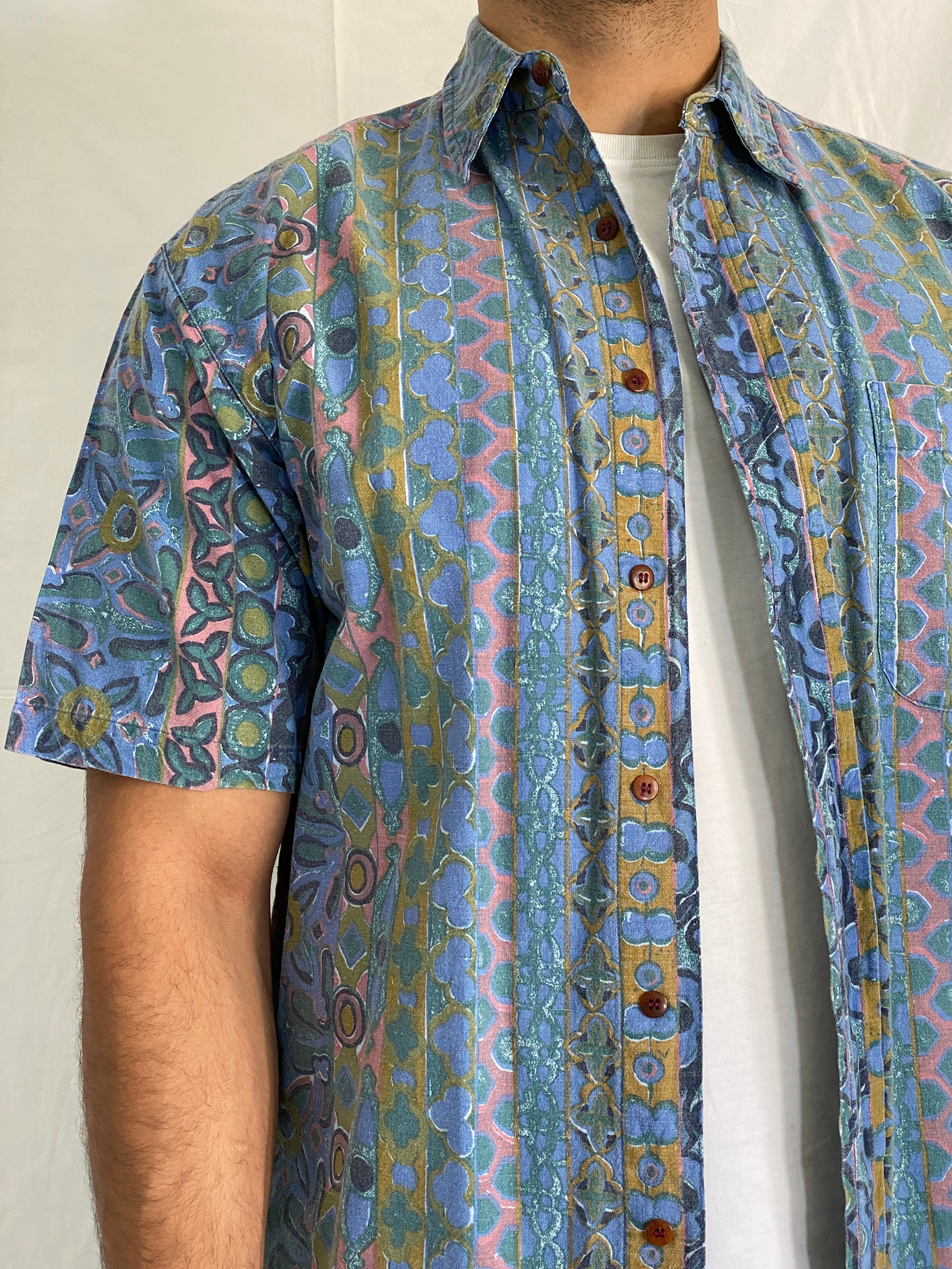 Vintage BADGE Short Sleeve Cotton Shirt Blue Geometric Print - M