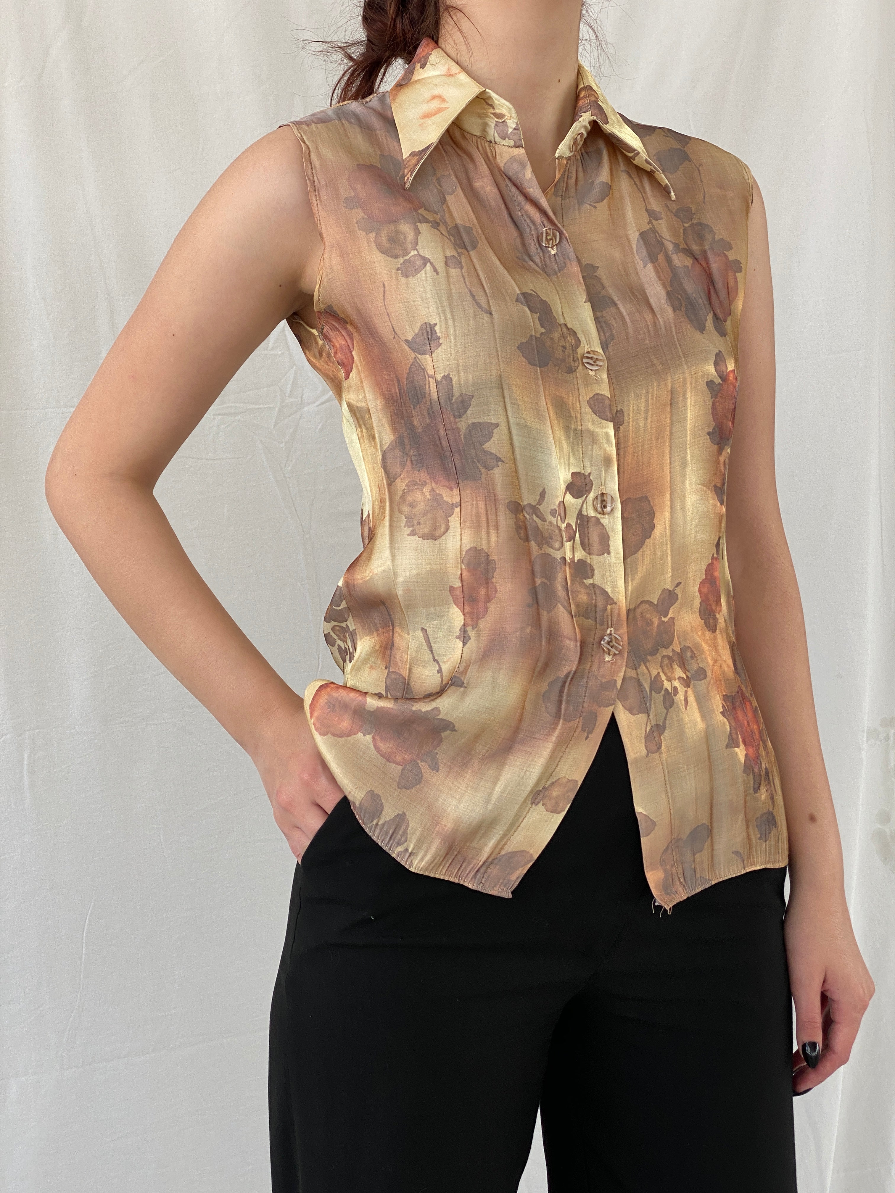Vintage Shimmery Gold Women’s Buttoned Floral Sleeveless Shirt - M
