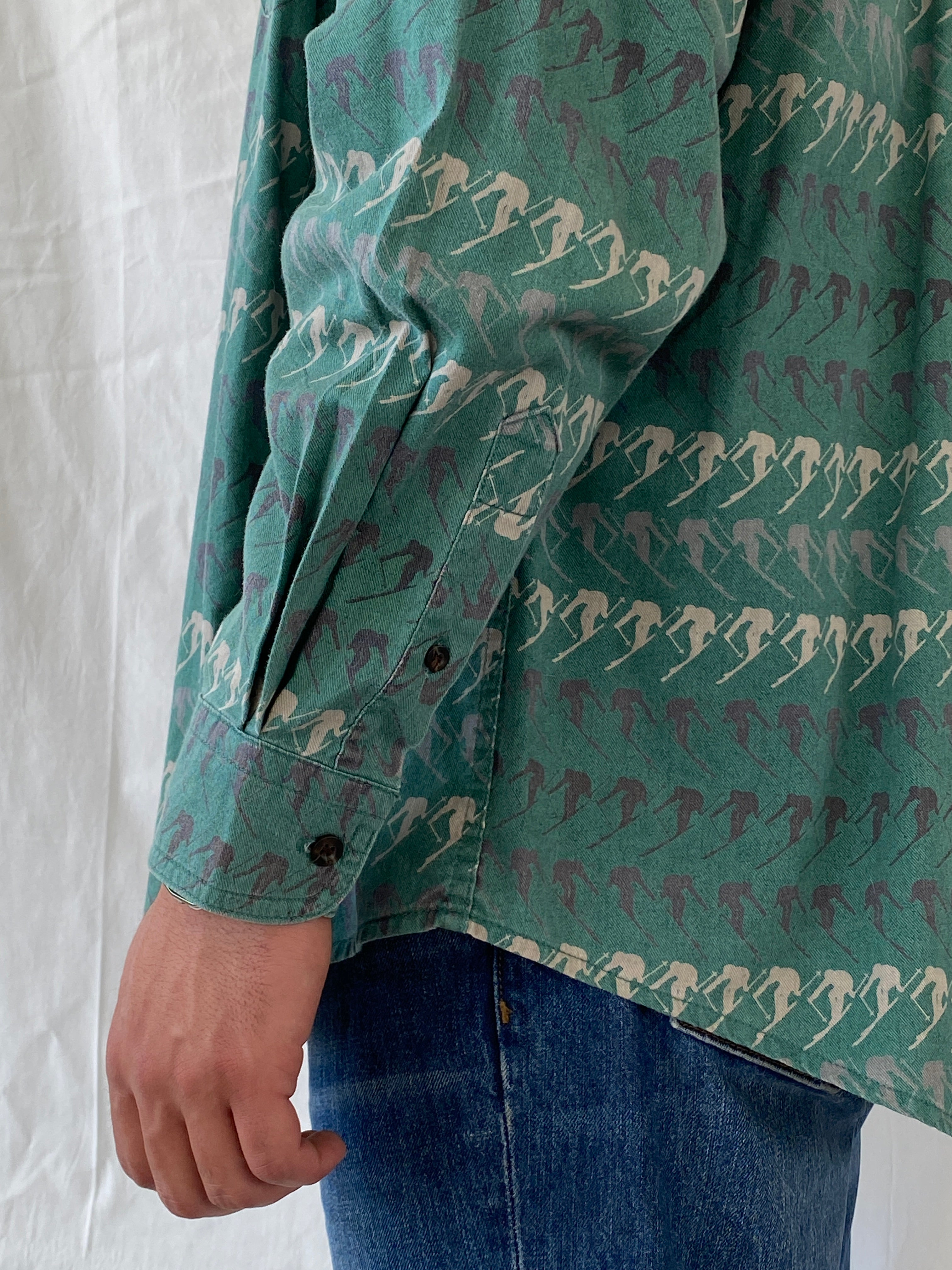 Vintage Woolrich Men’s Green Long Sleeve Cotton Skier Print Shirt - XL