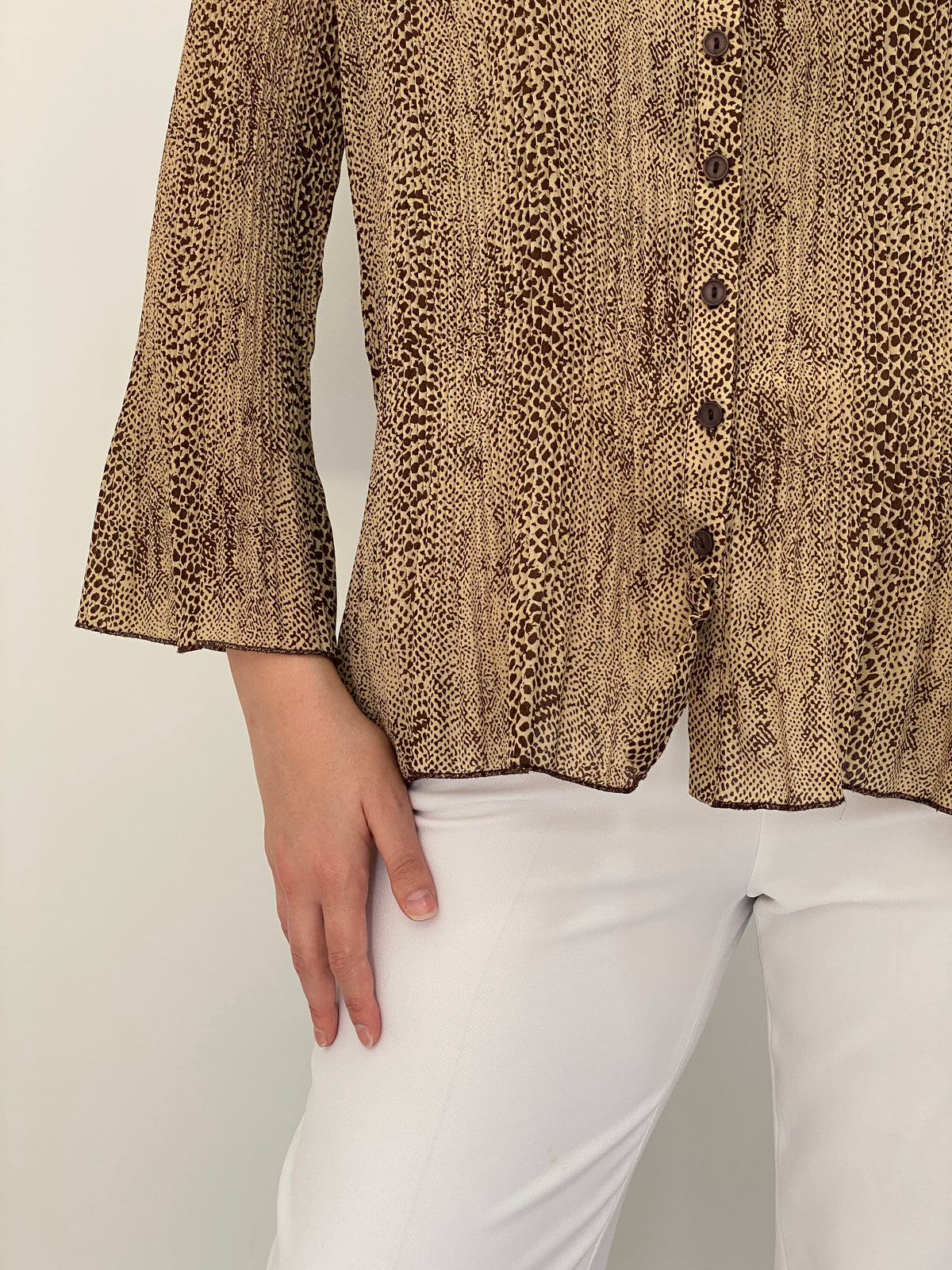 Vintage Y2K Covington Beige Brown Animal Print Button-Up Blouse - XL