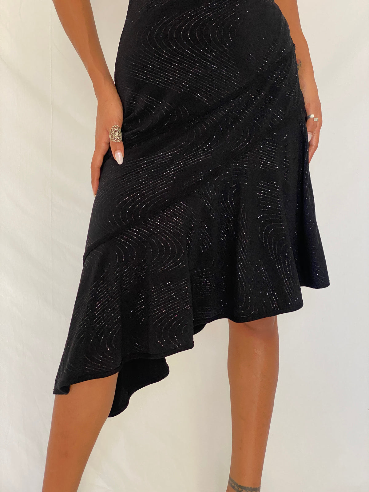 Vintage Y2K Lipstick Black Glitter Swirl Halter Asymmetric Midi Dress- S Vintage Y2K Lipstick Black Glitter Swirl Halter Asymmetric Midi Dress- S