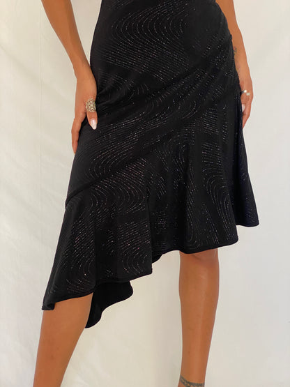 Vintage Y2K Lipstick Black Glitter Swirl Halter Asymmetric Midi Dress- S