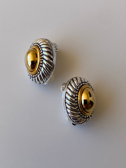 Vintage Two-Tone Oval Clip-On Earrings Gold & Silver Rope Texture Statement Studs