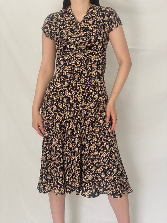 Vintage 90s Petite Sophisticate Black Floral Midi Dress with Tie Back - S