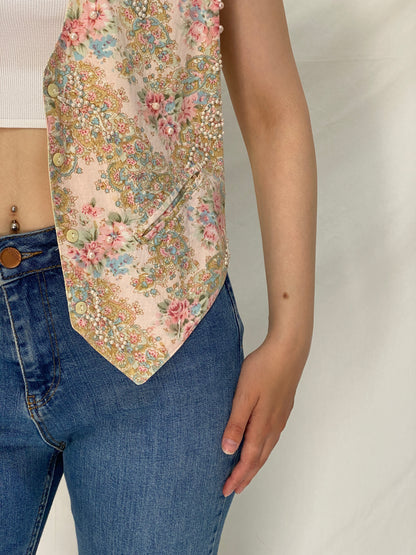 Vintage Fashion Passport Floral Cotton Beaded Vest – M