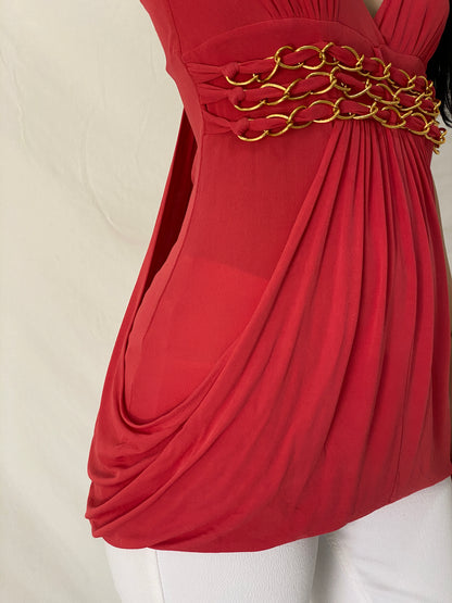 Vintage Y2K Bebe Coral Red Gold Chain Draped Empire Waist Cami Top - M
