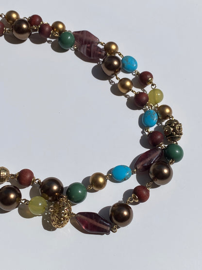 Vintage Carolee Multi-Bead Double Strand Brown Gold Necklace