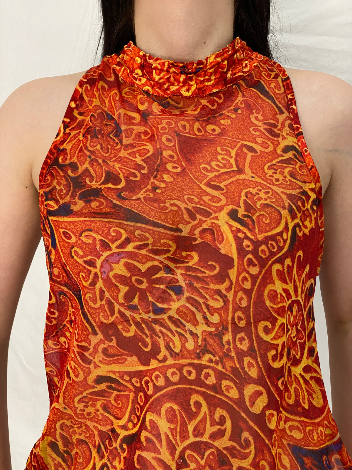 Vintage Y2K Boho Paisley Orange Mesh Halter Top Sheer Printed Sleeveless Blouse - M Vintage Y2K Boho Paisley Orange Mesh Halter Top Sheer Printed Sleeveless Blouse - M