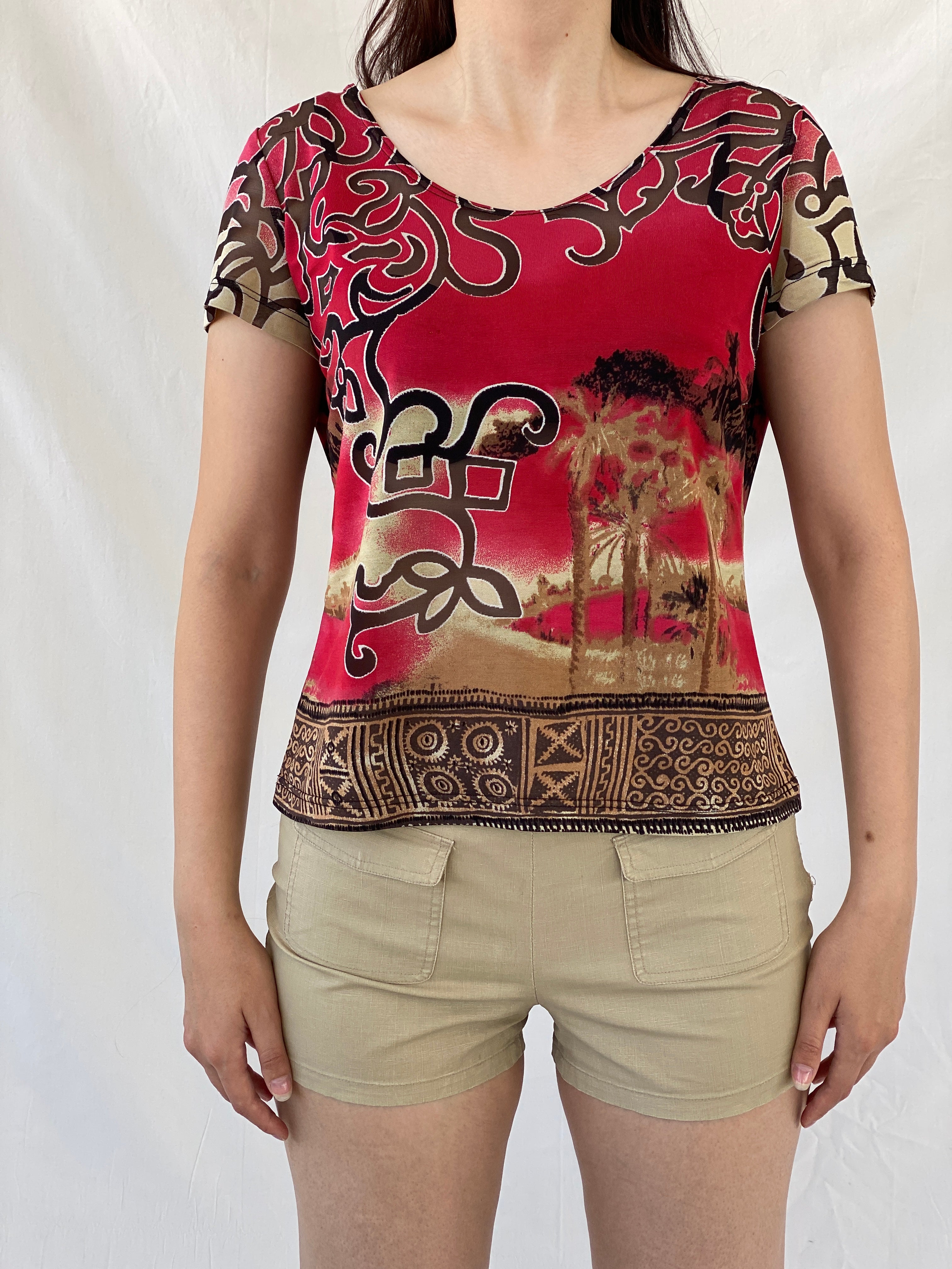 Vintage 90s Alma Ducal Graphic Red Semi Sheer Desert Print Mesh Top - XL