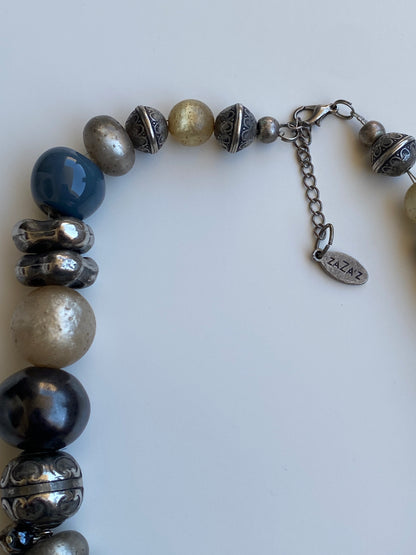 Statement ZaZa’Z Blue Silver Tone Mixed Bead Chunky Necklace