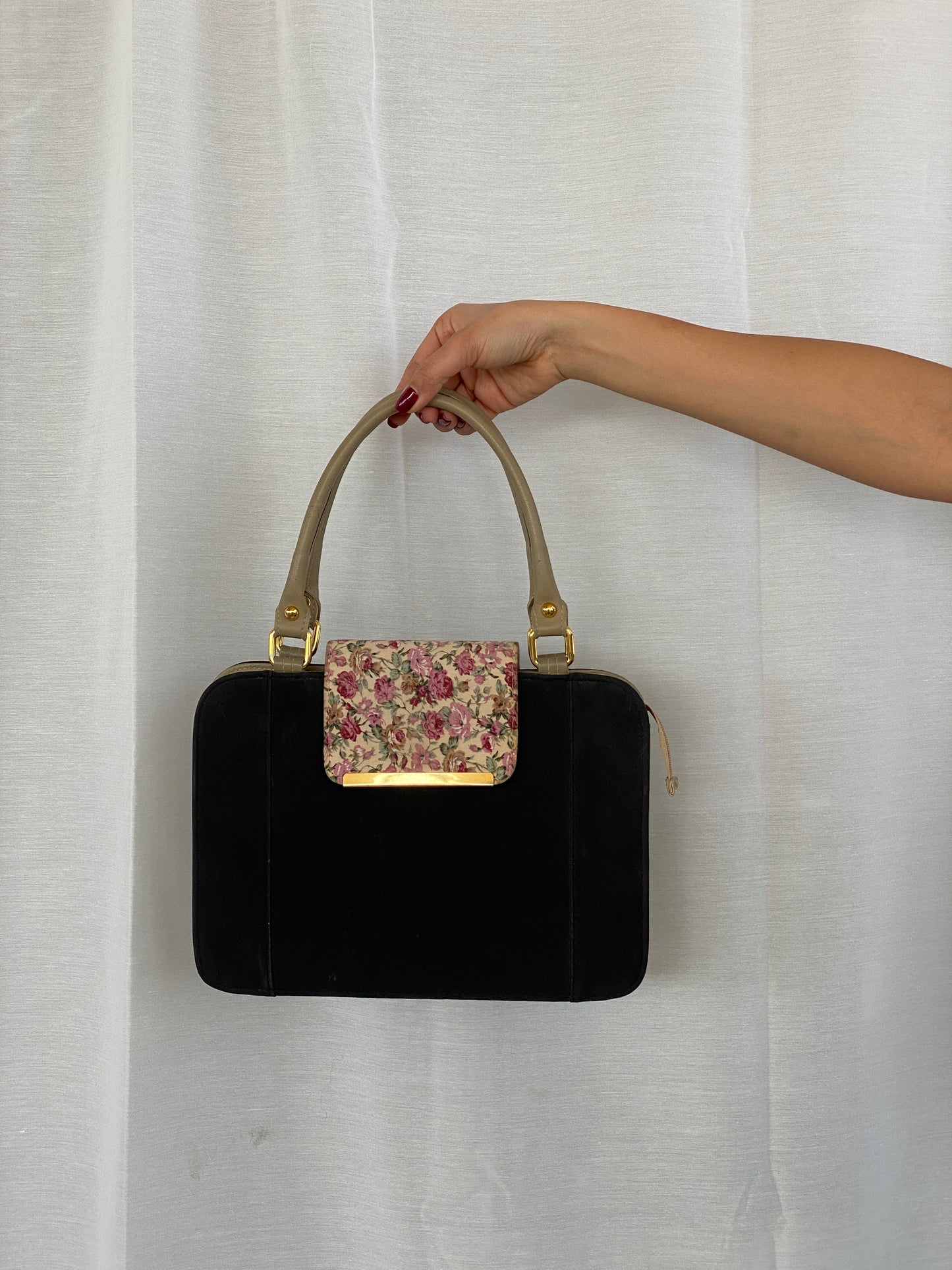 Black Canvas Beige Leather Handles Floral Closure Handbag