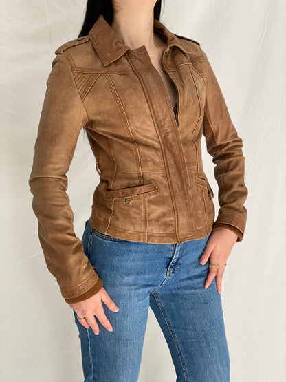 Vintage Y2K Stradivarius Brown Real Leather Moto Fitted Jacket - S