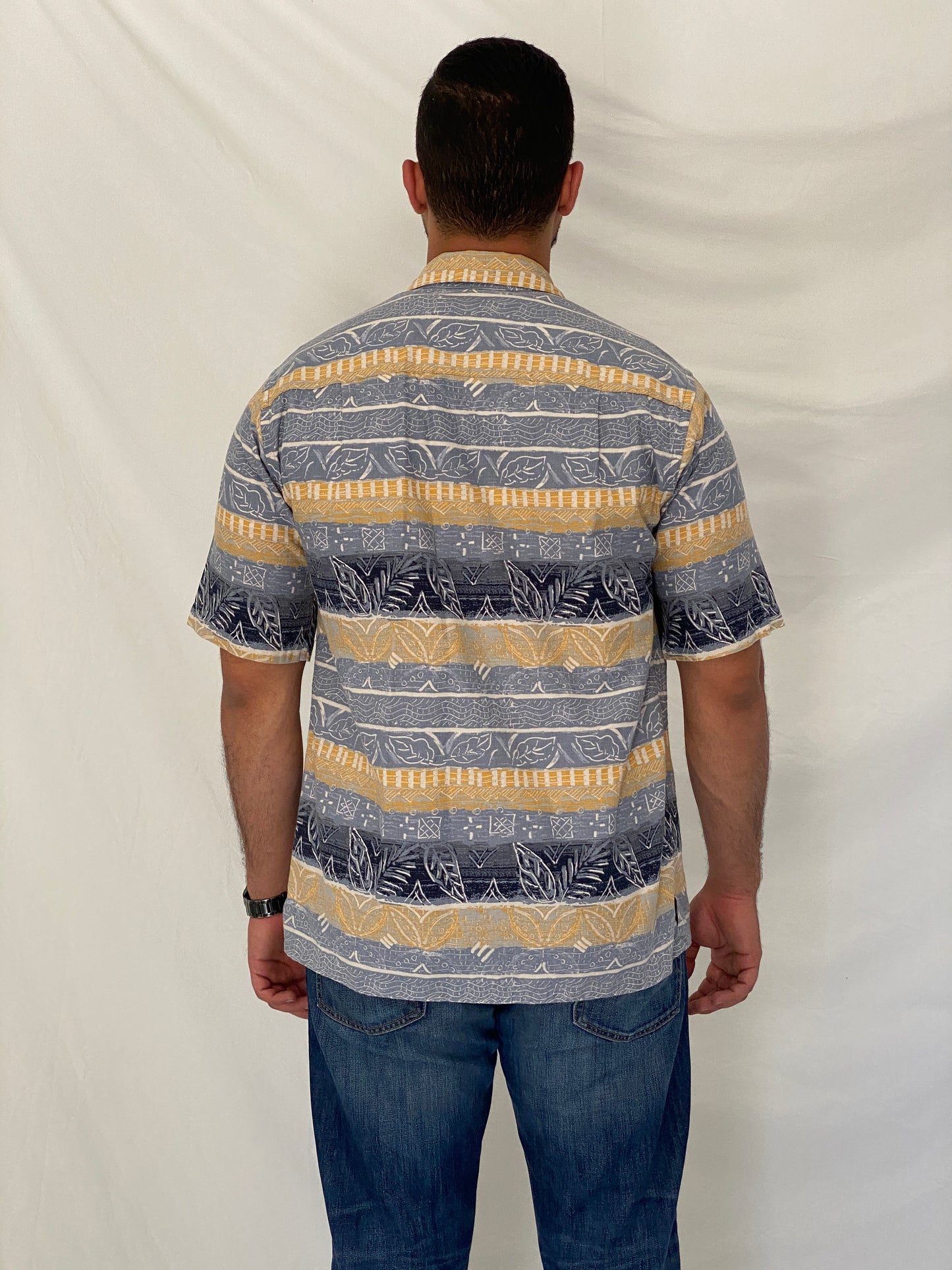 Vintage 90s St. John’s Bay Blue & Beige Linen Blend Tropical Print Shirt - S