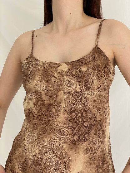 Y2K Pimkie Brown Paisley Satin Slip Vintage 2000s Midi Cami Dress - M