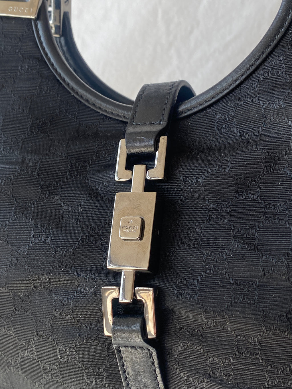 Vintage 00s Gucci Jackie Bardot Black Leather Monogram GG Canvas Mini Handbag