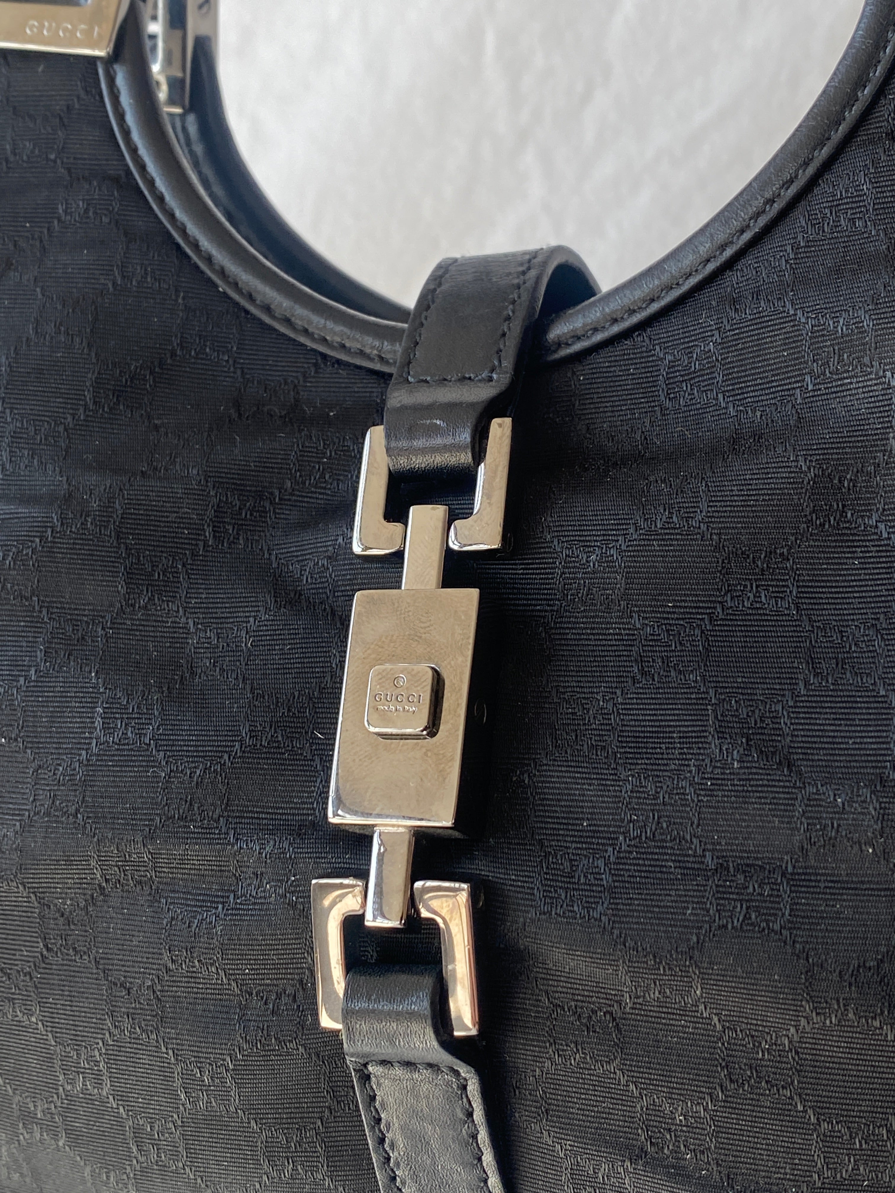 Vintage 00s Gucci Jackie Bardot Black Leather Monogram GG Canvas Mini Handbag