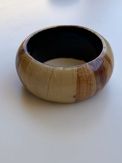 Vintage Boho Natural-Tone Wide Resin & Wood-Effect Statement Bangle