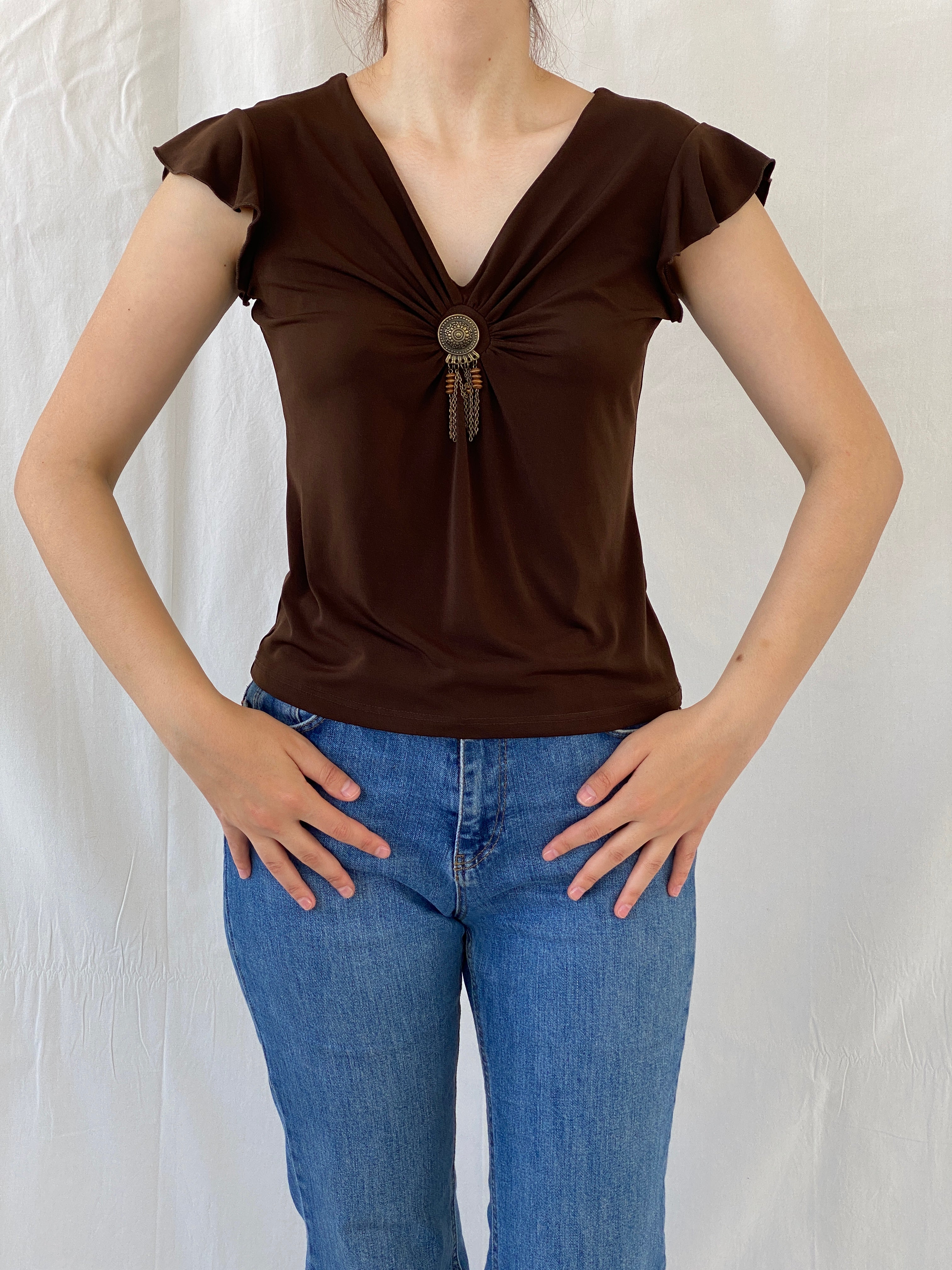 Vintage Y2K Versailles Brown Half Sleeve V-Neck Women’s Top - S