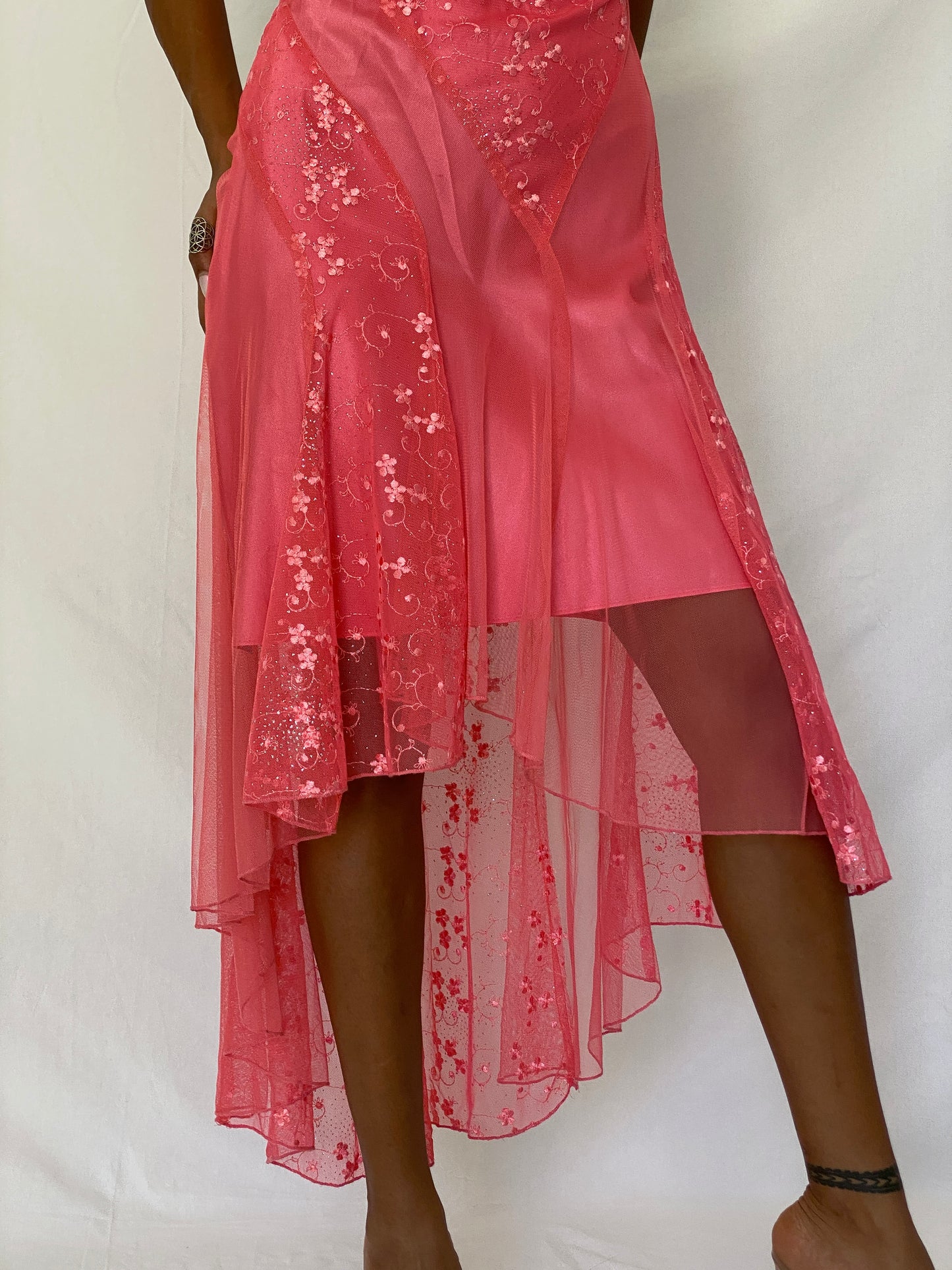 Vintage Y2K Eureka USA Hot Pink Embroidered Glitter Mesh High-Low Dress - XS