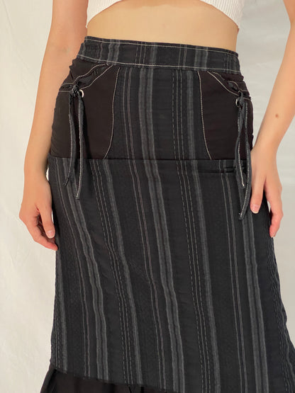 Vintage Y2K Kiabi Woman Black & Charcoal Striped Tiered Midi Skirt - M