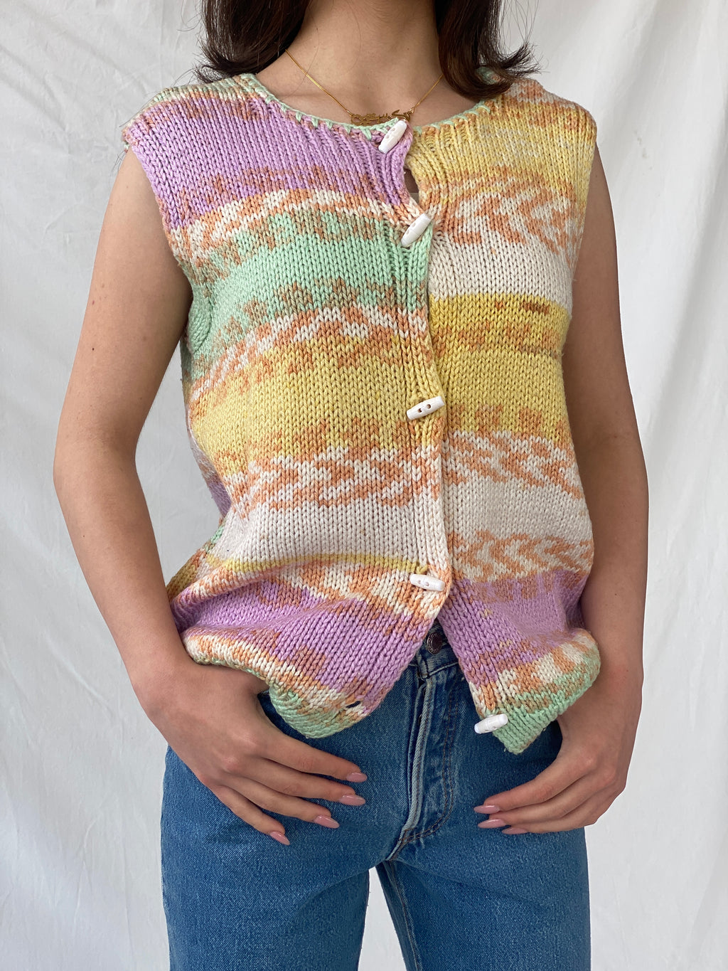 Y2K Pastel Colored Button Up Knitted Vest - M