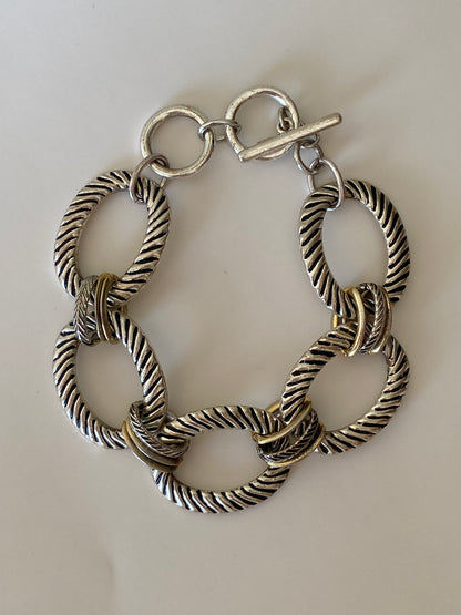 Vintage Chunky Textured Link Bracelet Silver & Gold-Tone Oval Links with Toggle Clasp