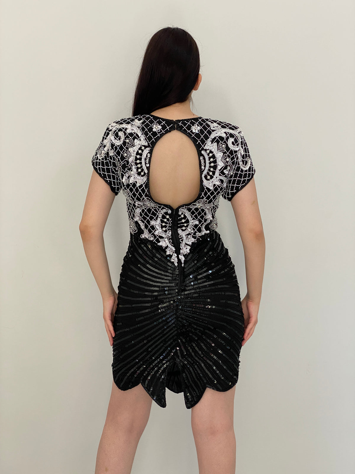 Vintage 80s Laurence Kazar Black & White Silk Beaded Sequin Cocktail Dress - M
