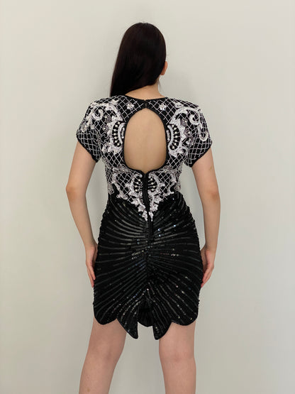 Vintage 80s Laurence Kazar Black & White Silk Beaded Sequin Cocktail Dress - M