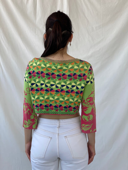 Y2K Ivko Colorful Patterned Cropped Button Up Cardigan - M