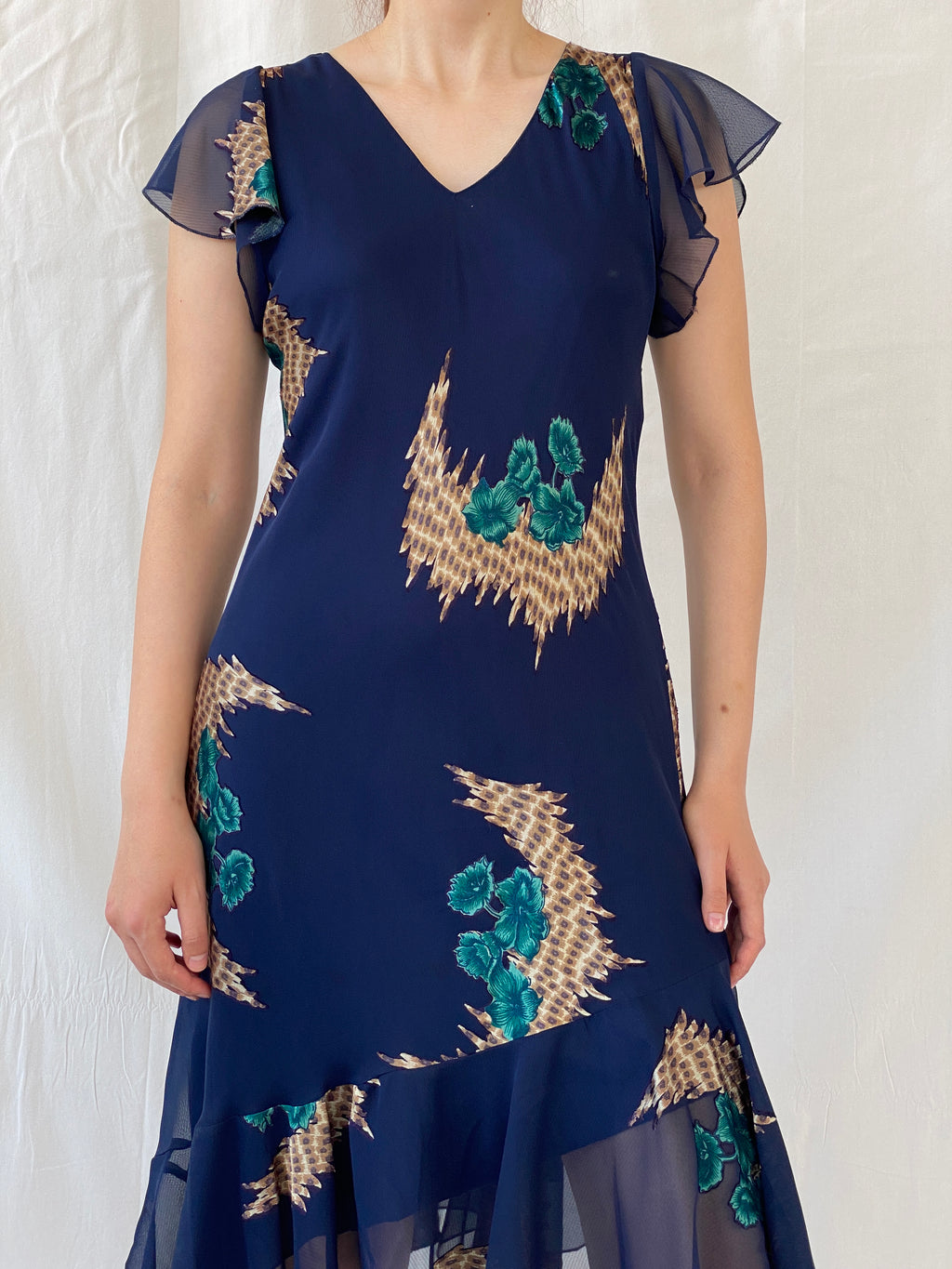 Vintage 90s Eva Blue Dark Blue Midi Asymmetrical Hem Dress - M