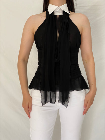 Y2K Lagerfeld Gallery Black Silk Halter Blouse with White Collar – S