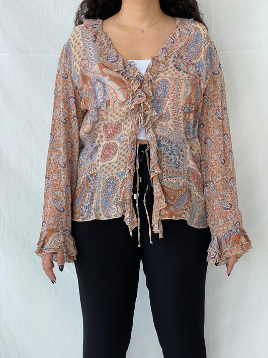 Vintage 90s CANDA C&A Paisley Print Ruffled Front Tie Cardigan - XL