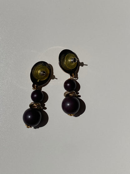 Vintage Gold Oval Rope Stud Dark Purple Black Ball Drop Earrings