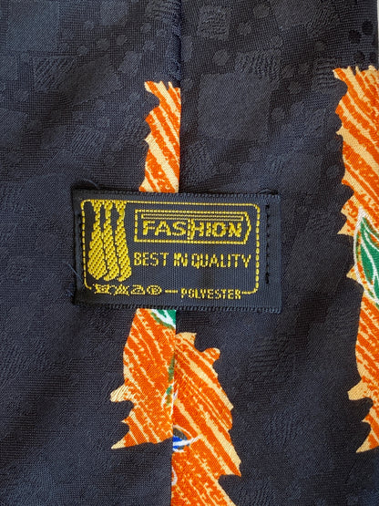 Vintage 90s T Fashion Black Orange Floral Abstract Wide Necktie