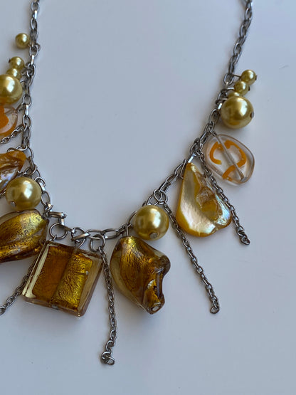 Vintage Y2K Silver-Tone Amber Glass & Faux Pearl Charm Necklace