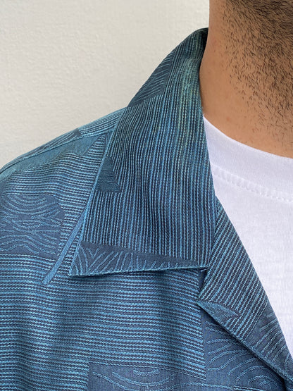 Vintage Tommy Bahama Relax Deep Navy Palm Jacquard Silk Camp Shirt – M