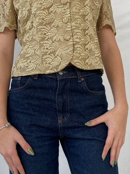 90s DETAIL Premium Collection Gold Floral Lace Short Sleeve Blazer Shirt - L