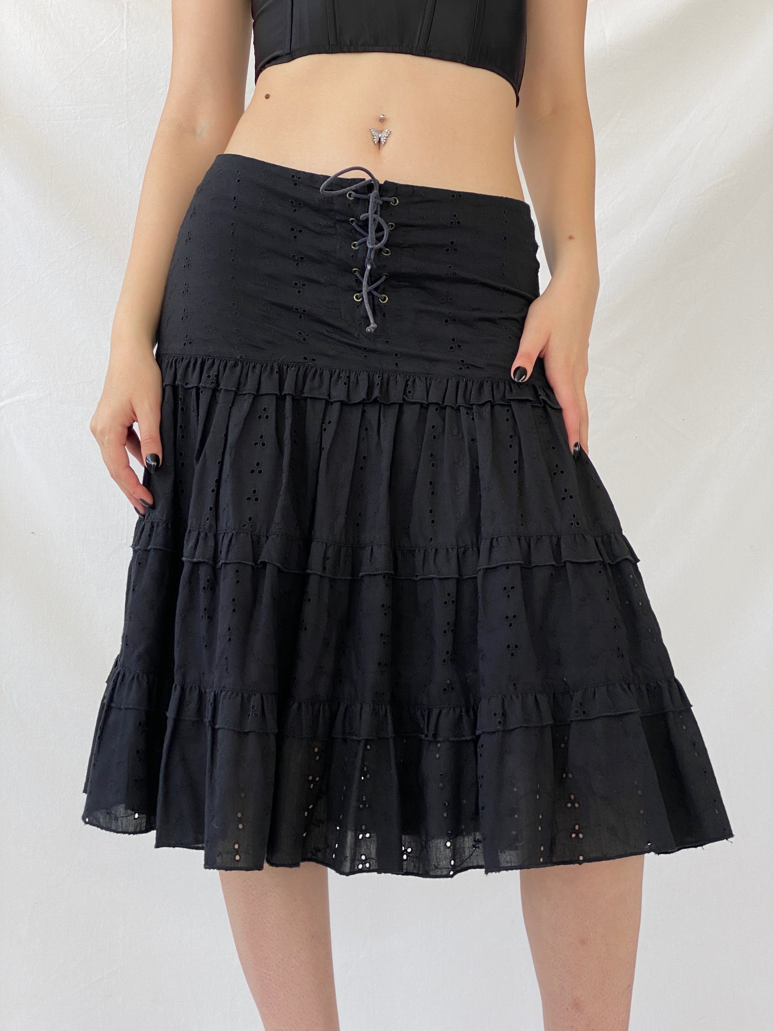 Vintage Y2K Morgan De Toi Tiered Flouncy Black Midi Skirt - M