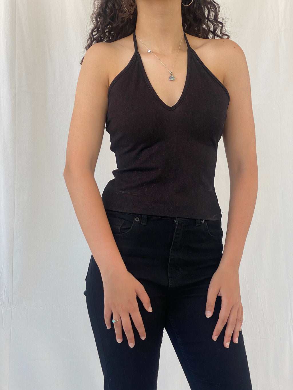 Vintage LA City Black Shimmery Red Halter Top - M