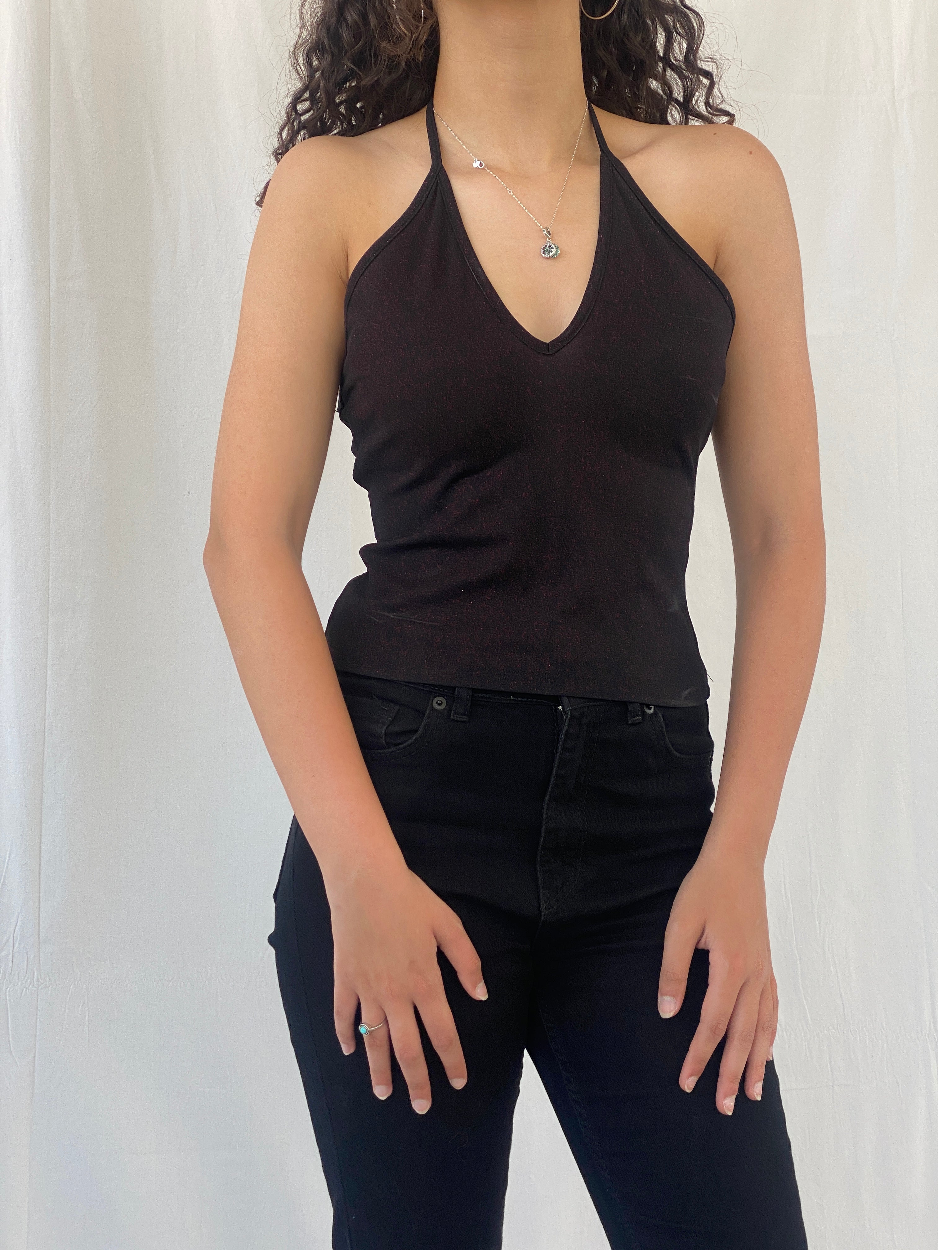 Vintage LA City Black Shimmery Red Halter Top - M