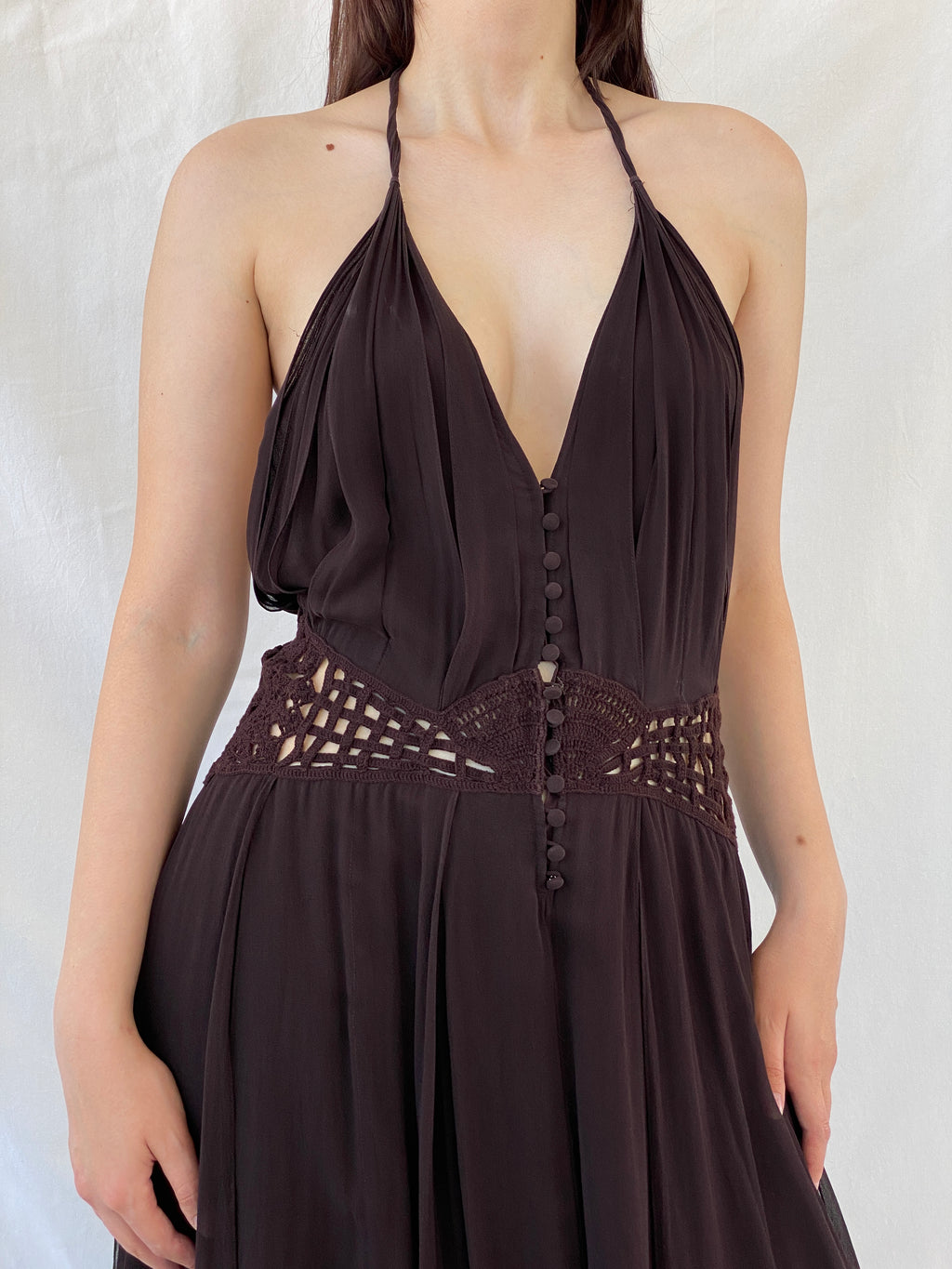 Gorgeous Max Azria Collection Silk Halter Midi Dress with Crochet Waist Detail - M