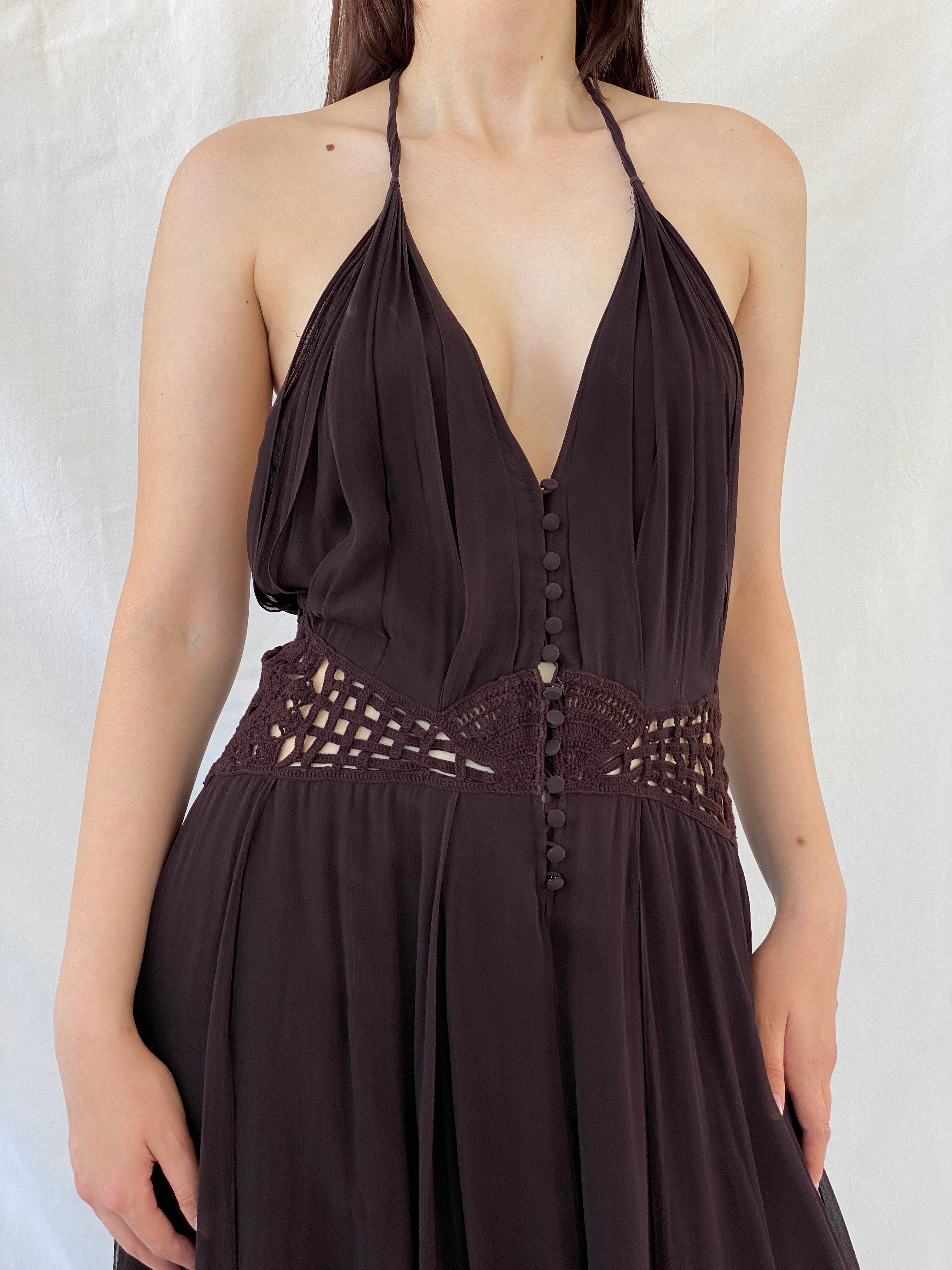 Gorgeous Max Azria Collection Silk Halter Midi Dress with Crochet Waist Detail - M