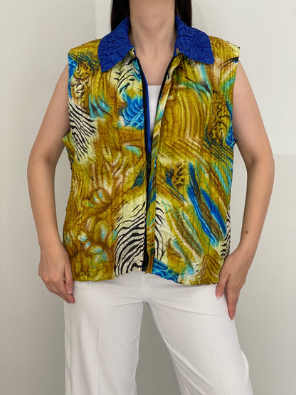 Vintage 90s Reversible Blue Yellow Abstract Crinkle Quilted Zip-Up Vest – L