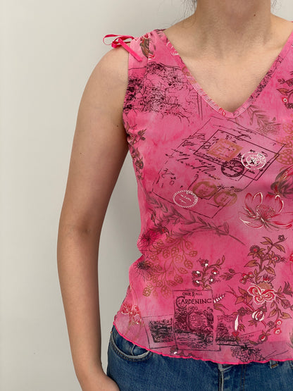Y2K Pink Floral Mesh Graphic Tie Shoulder Top – S