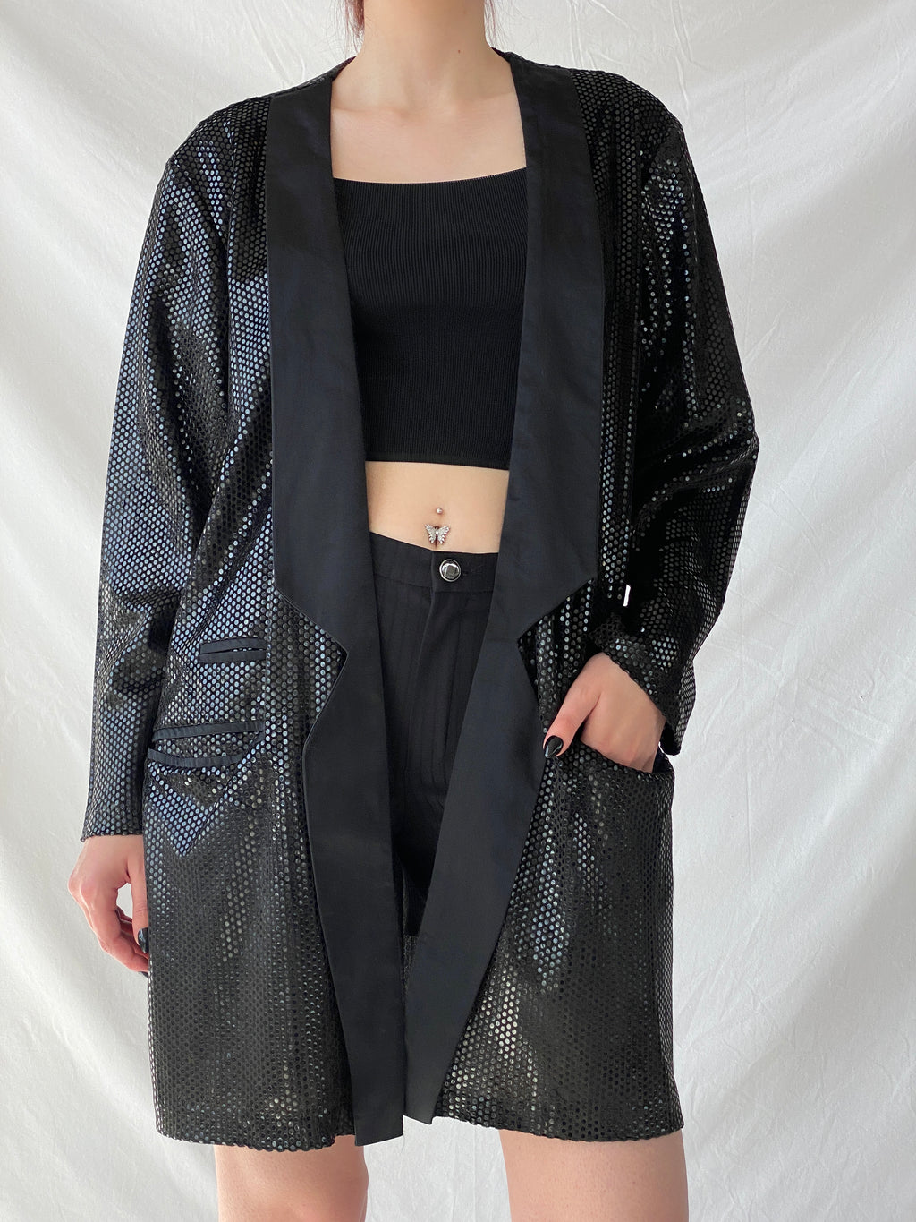 Vintage 90s GENG Sequin Party Long Women’s Blazer with Satin Trim - XL
